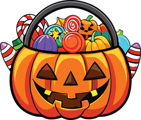 Scary pumpkin basket to collect candy on Halloween day, Concept for Halloween holiday