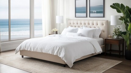 Wall Mural - A modern bedroom with a white bed, a  beige headboard and a rug. The bed is situated in front of a large window with an ocean view.