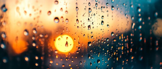 Wall Mural - A window with raindrops on it and a sun in the background