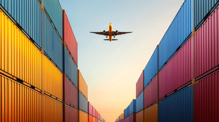 Airplane flying over colorful shipping containers at sunset.