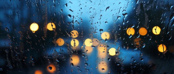 Poster - A blurry image of a city street with lights and raindrops on the window