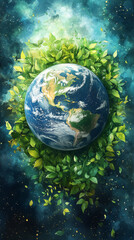 Canvas Print - A vibrant blue globe surrounded by lush green leaves.