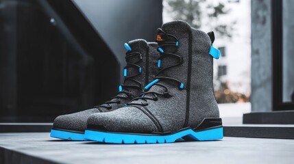 A pair of gray winter boots with blue accents and black soles.