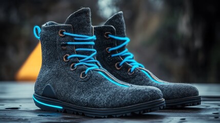 Close-up of a pair of grey felt boots with blue laces and a glowing blue light strip on the soles.