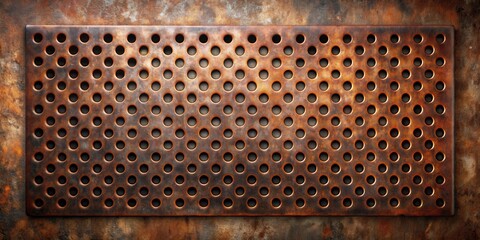 Perforated copper checkerboard with black holes, rusty old metal plate background