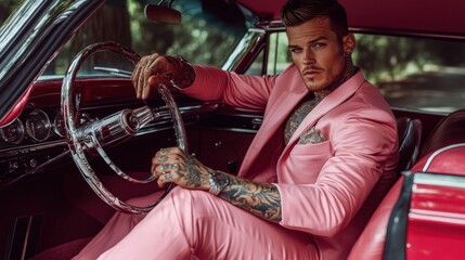 Handsome man in a pink suit sitting in a vintage car.