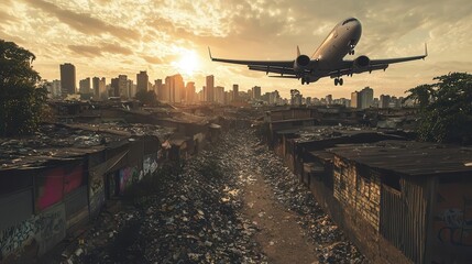 Private jet flying over a shanty town, extreme wealth vs poverty, economic contrast