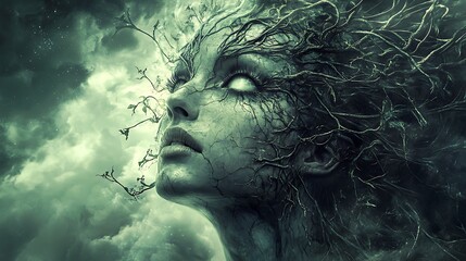 A woman's face is covered in vines against a stormy sky.