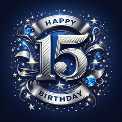 Wall Mural - Colorful, celebratory design featuring 'Happy 15th Birthday' with silver accents.