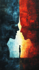 Poster - Silhouette of a man standing between two faces, one blue, one red.