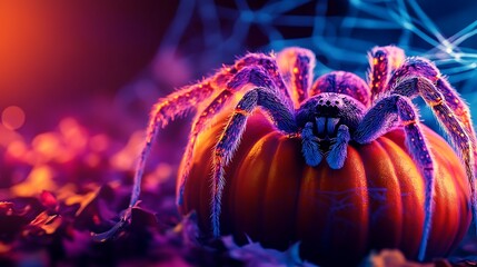 Canvas Print - A glowing spider sits on a pumpkin with a spooky glow behind it.