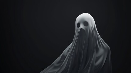 Spooky figure in white cloth stands in the dark, creating a halloween atmosphere filled with fear and horror. This eerie 3d rendering captures a creepy scene with mystery and fantasy