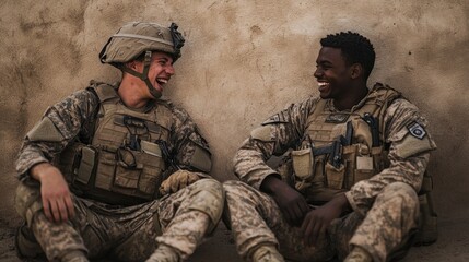 Wall Mural - Two soldiers in camouflage uniforms sitting against a wall, laughing together.