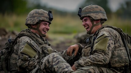 Wall Mural - Two soldiers in camouflage uniforms are laughing together.