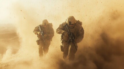 Wall Mural - Two soldiers run through a sandstorm in a desert environment.