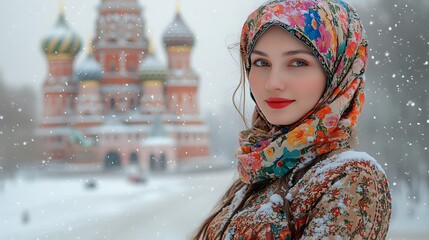 Wall Mural - A Russian woman in an elaborate folk dress, with a floral headscarf and colorful sarafan, standing in the snow-covered Red Square,