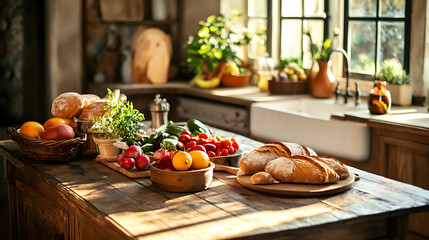 Charming background with a rustic farmhouse kitchen, featuring fresh produce, eggs, and herbs on a wooden table, ready for cooking