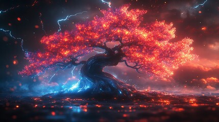 Canvas Print - A fiery tree stands tall against a stormy sky, with lightning striking the ground around it.