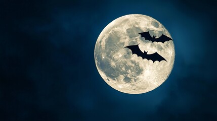  Two bats are silhouetted against a large full moon, creating a spooky and atmospheric scene. Perfect for halloween projects