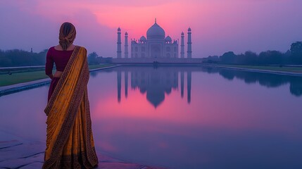 Wall Mural - A serene image of a woman dressed in a gold and maroon saree,