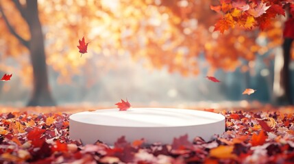 Poster - Vibrant red and orange maple leaves gently swirl in the air, capturing the essence of autumn. A white platform stands amidst the colorful foliage, surrounded by trees illuminated by soft sunlight.