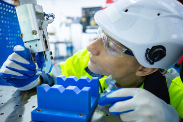 male technician engineer checking automation robotic arm at industrial modern factory. man working a