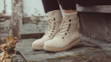 Close up of a woman wearing knitted beige boots on a stone step.