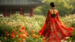 © ThuyTrang - A woman dressed in a red and gold hanbok, walking elegantly through a blooming garden within a traditional Korean palace The vibrant colors of her gown stand out against the greenery and flowers,