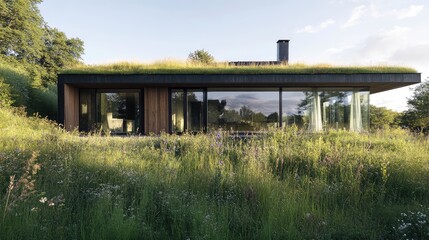 A contemporary house with a green roof and large, minimalist windows, nestled in a Scandinavian meadow surrounded by tall grasses and wildflowers.