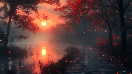 Wall Mural - a scenic path winds through a misty forest at sunset, with red leaves falling and reflecting in the 