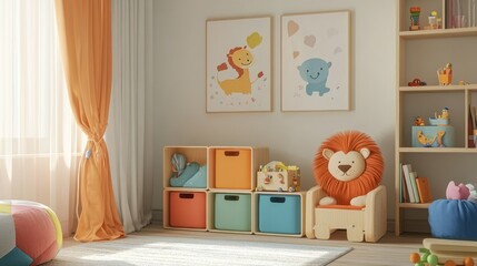 Wall Mural - A light and airy kid's room with a wooden chair and a colorful bean bag.  There are also shelves filled with toys and books.