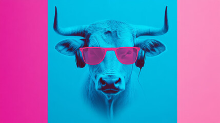 Canvas Print - Cool bull wearing pink sunglasses.