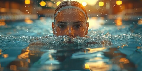 Wall Mural - young woman swims in pool at sunset