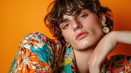 Close-up portrait of a young man with brown hair wearing colorful floral shirt and earrings against a yellow background.