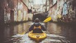© TEERAWAT - Person kayaking in a narrow urban canal with colorful graffiti on brick walls.