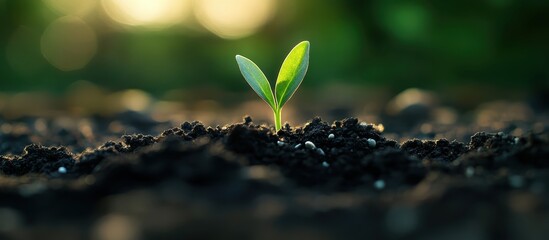 Young Green Plant Seedling Growing in Fertile Soil with Sunlight in the Background