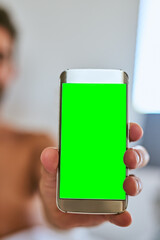 Wall Mural - hand, person or phone with green screen in home for marketing, online dating or ads on app. closeup,