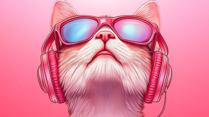 Wall Mural - Cool cat chilling in pink shades and headphones.