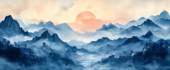 Wall Mural - A serene sunrise over misty mountains, with the rising sun casting a warm glow on the horizon.