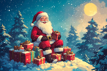 Poster - A santa claus sitting on top of a pile of presents in the snow