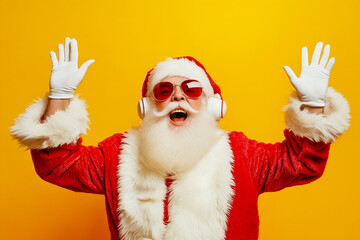 Canvas Print - A man dressed as Santa Claus wearing sunglasses and headphones