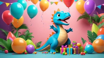 playful dinosaur character design on party background