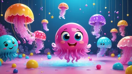 Wall Mural - joyful jellyfish character design on party background