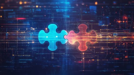 Digital representation of API integration concept with two interlocking puzzle pieces against a futuristic tech-inspired abstract background, symbolizing connectivity and interoperability