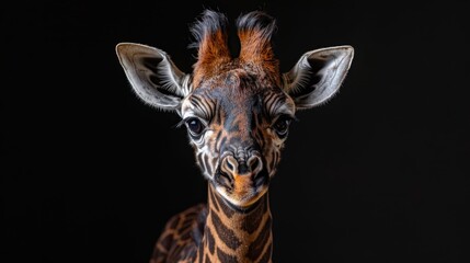 Giraffe on isolated black background. Long-eared giraffe