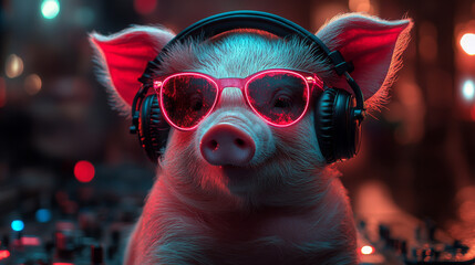 Canvas Print - A pig in neon sunglasses and headphones, looking cool.