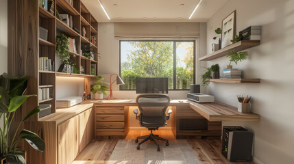 Wall Mural - a connected home office with smart home integration, featuring voice commands for lighting, music, a
