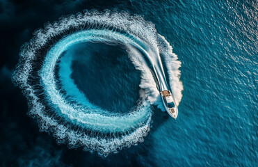 High-Altitude Aerial View of a Speedboat Making a Sharp, Graceful Turn in the Open Clear Blue Sea, Leaving Behind a Foamy Wake