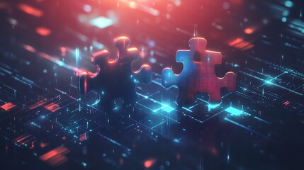 Digital representation of API integration concept with two interlocking puzzle pieces against a futuristic tech-inspired abstract background, symbolizing connectivity and interoperability