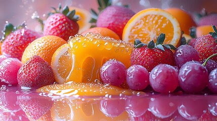 Wall Mural - Fresh strawberries, oranges, and grapes with juice spilling over.